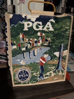 Golf Themed Canvas Tote Bag with Bamboo Handle